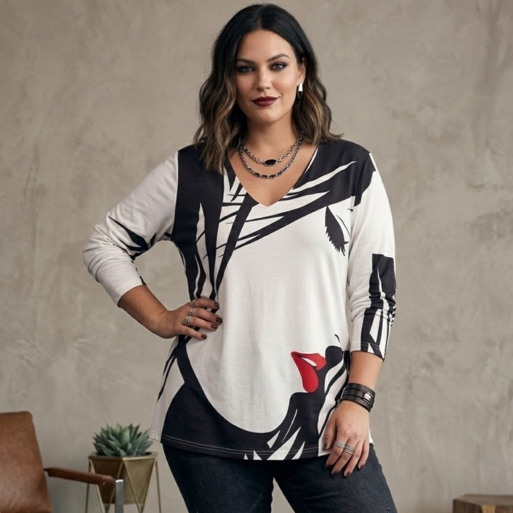 3/25$ Misslook Graphic Print Top - Pop Art Lips - Black/White/Red - Plus Size 3X